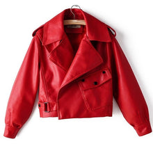 Load image into Gallery viewer, Fitaylor New Autumn Women Faux Leather Jacket Pu Motorcycle Biker Red Coat Turndown Collar Loose Streetwear Black Punk Outerwear

