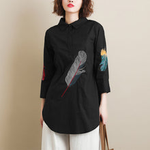 Load image into Gallery viewer, 100% Cotton Plus size Feather Embroidery White Long Blouse Women 3/4 Sleeve Art Loose Ladies Office Work Tops Button Down Shirts
