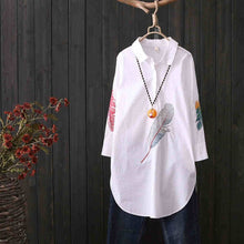 Load image into Gallery viewer, 100% Cotton Plus size Feather Embroidery White Long Blouse Women 3/4 Sleeve Art Loose Ladies Office Work Tops Button Down Shirts
