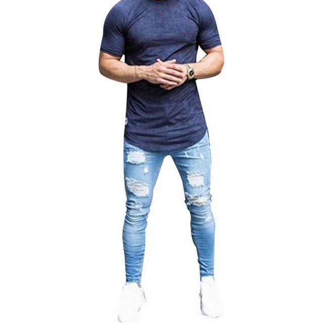 Mens Ripped Jeans Casual Skinny slim Fit Denim Pants Biker Hip Hop Jeans with sexy Holel Skinny Distressed Jeans Denim Pants