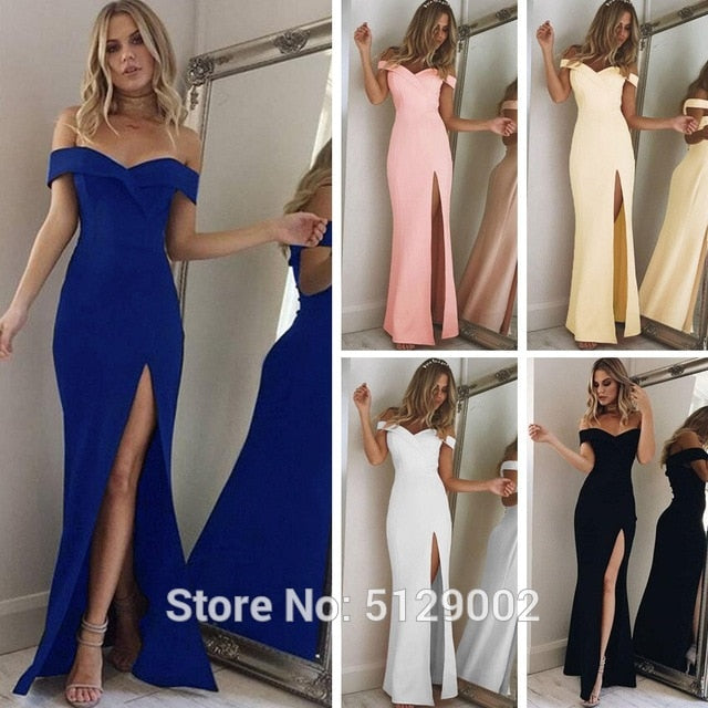 Women's 2020 Off Shoulder Side Split Slim Evening Maxi Mermaid Long Dress Sexy Lady Formal Gown YSAN306