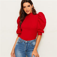 Load image into Gallery viewer, Sheinside Elegant Red Puff Sleeve Blouse Women 2020 Summer Half Sleeve Keyhole Back Blouses Ladies Solid Basic Minimalist Top
