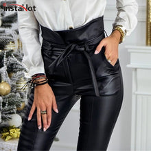 Load image into Gallery viewer, InstaHot Gold Black Belt High Waist Pencil Pant Women Faux Leather PU Sashes Long Trousers Casual Sexy Exclusive Design Fashion
