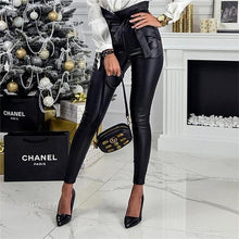 Load image into Gallery viewer, InstaHot Gold Black Belt High Waist Pencil Pant Women Faux Leather PU Sashes Long Trousers Casual Sexy Exclusive Design Fashion
