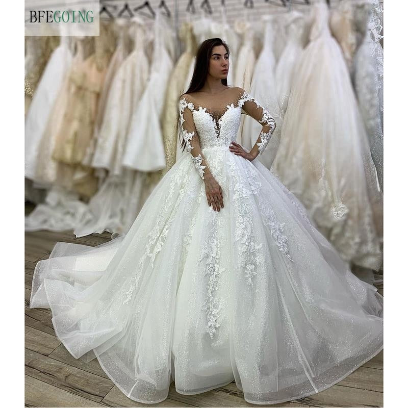 White Tulle Lace Appliques Long Sleeves V-Neck Floor-Length Ball gown Wedding dress Chapel Train Custom made