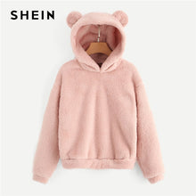 Load image into Gallery viewer, SHEIN Preppy Lovely With Bears Ears Solid Teddy Hoodie Pullovers Sweatshirt Autumn Women Campus Casual Sweatshirts
