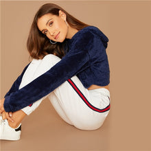 Load image into Gallery viewer, SHEIN Grey Minimalist Solid Drop Shoulder Crop Teddy Hoodie Sweatshirt Autumn Casual Fashion Women Pullovers Sweatshirts
