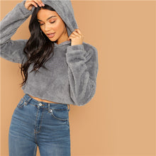 Load image into Gallery viewer, SHEIN Grey Minimalist Solid Drop Shoulder Crop Teddy Hoodie Sweatshirt Autumn Casual Fashion Women Pullovers Sweatshirts
