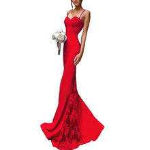 Load image into Gallery viewer, Women&#39;s Mermaid Bridesmaid Dresses Spaghetti Straps Lace Satin Bridesmaid Dresses Applique Prom Dresses Long Wedding Guest Dress
