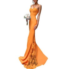 Load image into Gallery viewer, Women&#39;s Mermaid Bridesmaid Dresses Spaghetti Straps Lace Satin Bridesmaid Dresses Applique Prom Dresses Long Wedding Guest Dress
