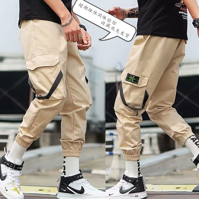 Men's Side Pockets Harem Pants 2020 Autumn Hip Hop Casual Ribbons Design Male Joggers Trousers Fashion Streetwear Pant Black