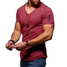 Load image into Gallery viewer, 2019 new men&#39;s V-neck T-shirt fitness bodybuilding T-shirt high street summer short-sleeved zipper casual cotton top
