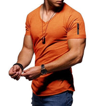 Load image into Gallery viewer, 2019 new men&#39;s V-neck T-shirt fitness bodybuilding T-shirt high street summer short-sleeved zipper casual cotton top

