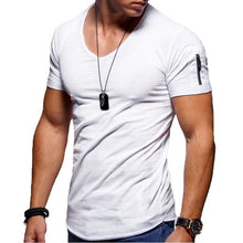 Load image into Gallery viewer, 2019 new men&#39;s V-neck T-shirt fitness bodybuilding T-shirt high street summer short-sleeved zipper casual cotton top
