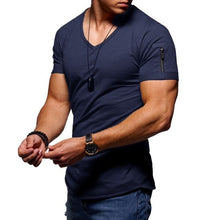 Load image into Gallery viewer, 2019 new men&#39;s V-neck T-shirt fitness bodybuilding T-shirt high street summer short-sleeved zipper casual cotton top
