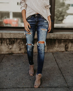 2020 Spring Fashion Bleached Ripped Jeans Women Cotton Denim Slim Elasticity Skinny Pants Moustache Effect Vintage Jeans Femme
