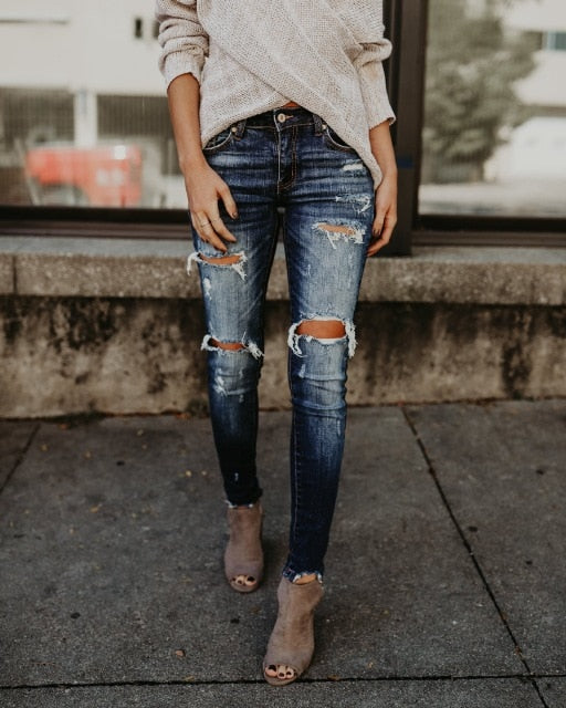 2020 Spring Fashion Bleached Ripped Jeans Women Cotton Denim Slim Elasticity Skinny Pants Moustache Effect Vintage Jeans Femme