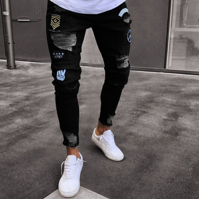 Jeans Men 2020 men's hole embroidered jeans Slim men trouser Casual Thin Summer Denim Pants Classic Cowboys Young Man black blue