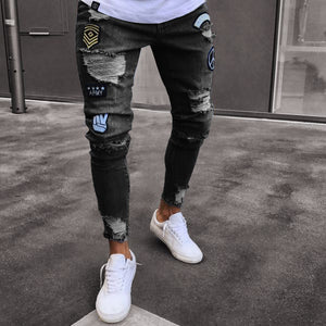 Jeans Men 2020 men's hole embroidered jeans Slim men trouser Casual Thin Summer Denim Pants Classic Cowboys Young Man black blue
