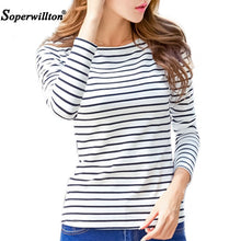 Load image into Gallery viewer, Soperwillton Cotton T-shirt Women 2020 New Autumn Long Sleeve O-Neck Striped Female T-Shirt White Casual Basic Classic Tops #620
