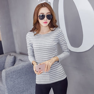Soperwillton Cotton T-shirt Women 2020 New Autumn Long Sleeve O-Neck Striped Female T-Shirt White Casual Basic Classic Tops #620