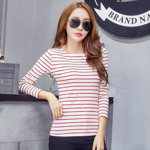 Soperwillton Cotton T-shirt Women 2020 New Autumn Long Sleeve O-Neck Striped Female T-Shirt White Casual Basic Classic Tops #620