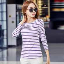 Load image into Gallery viewer, Soperwillton Cotton T-shirt Women 2020 New Autumn Long Sleeve O-Neck Striped Female T-Shirt White Casual Basic Classic Tops #620
