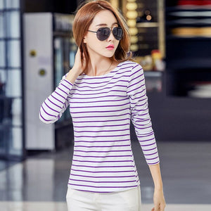 Soperwillton Cotton T-shirt Women 2020 New Autumn Long Sleeve O-Neck Striped Female T-Shirt White Casual Basic Classic Tops #620