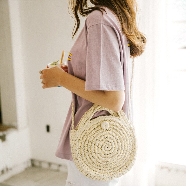 [BXX] Handmade Woven Round Handbag 2020 Spring Summer Vintage Straw Rope Knitted Messenger Bag Lady Bag Summer Beach Totes HK808