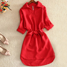 Load image into Gallery viewer, Shirts Women 2019 Summer Casual Dress Fashion Office Lady Solid Red Chiffon Dresses For Women Sashes Tunic Ladies Vestidos Femme
