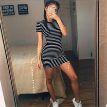 Load image into Gallery viewer, Summer Casual Striped O-neck Short-sleeved Dress Black And White Striped Dresses Casual Elegant Sheath Slim Dress
