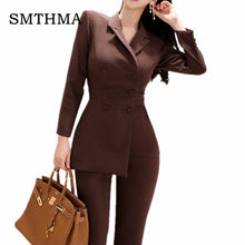 Load image into Gallery viewer, Women Irregular jumpsuit Double-breasted Blazer Jacket and Slim Pencil Pant 2 Pieces Set Female Wear to office Business jumpsuit

